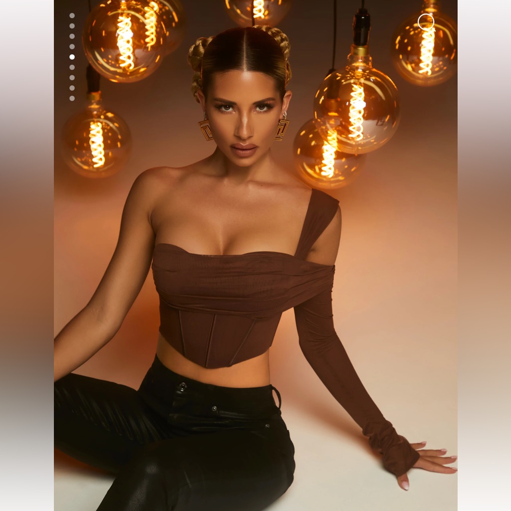 Oh Polly Brown Asymmetric One-Sleeve Crop Top